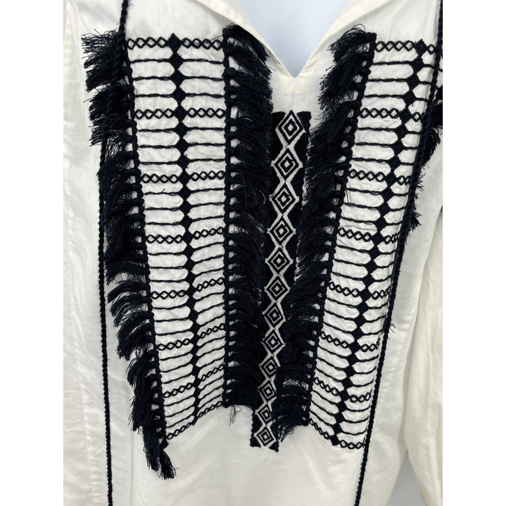 Figue Embroidered Peasant Blouse Womens Medium White Black Boho Tassel Top India - Picture 11 of 13